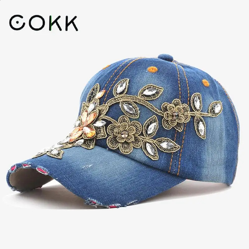 COKK Womens Baseball Cap Diamond Painting Embroidery Flower Denim Hats Jeans Woman Female Cap Cowboy Summer Sun Hat 260702BJ