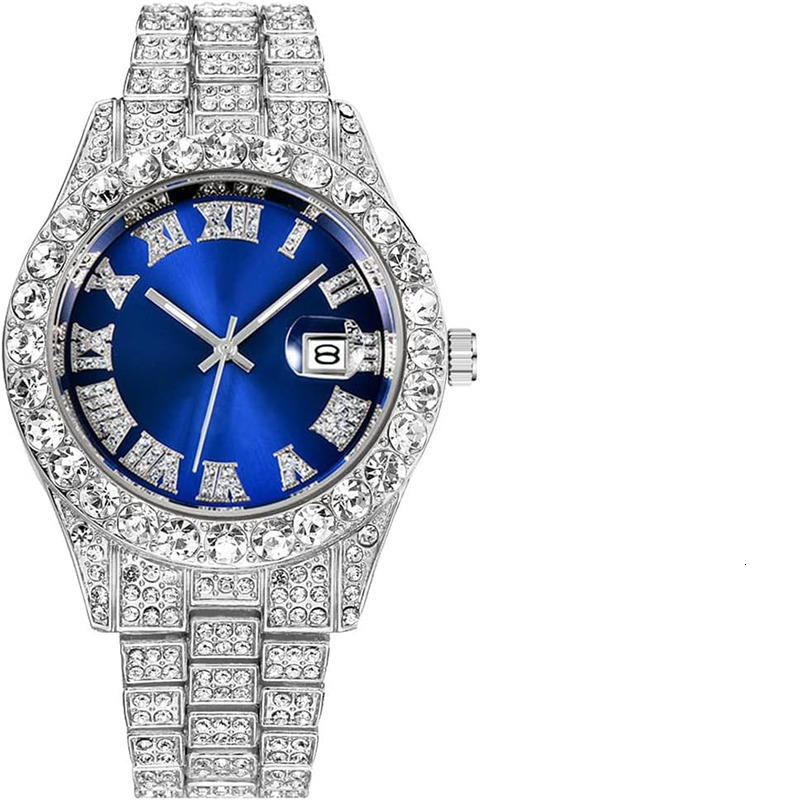 Men's Diamond Fashion Rhinestone Quartz Analog Watch Ice Crystal Bracelet Wristwatch-image-1113469435