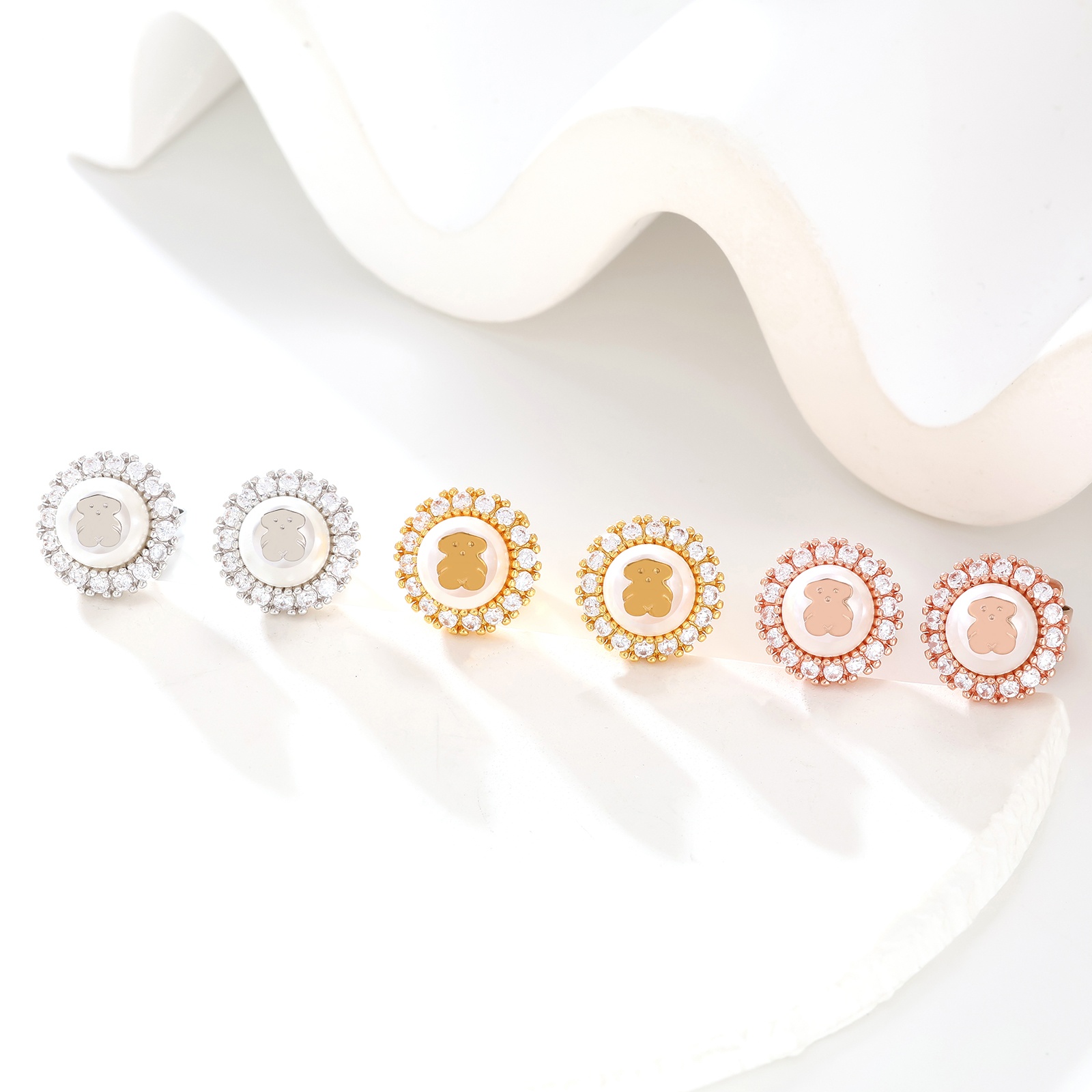 Fashion Women Men Silver Rose Gold Stainless Steel Copper Span Round Circle Cartoon Animal Bear Shell Letter Black Green Stone Earrings Jewelry-image-1113577906