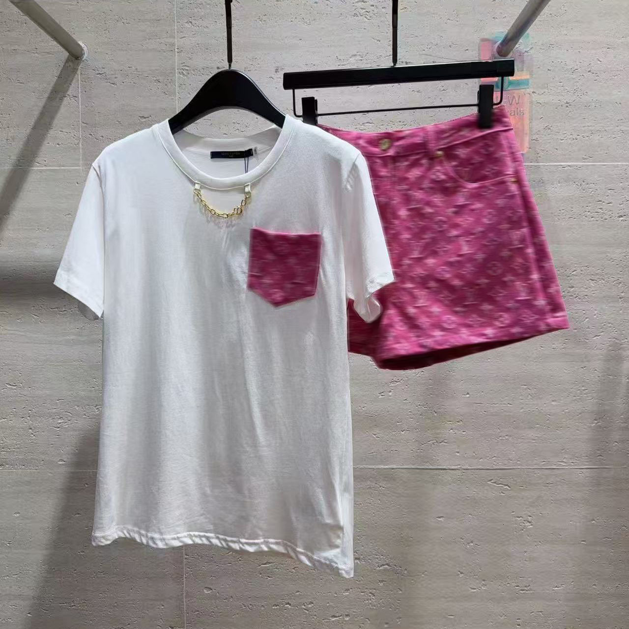 Womens summer set pocket T-shirt paired with denim shorts and short skirt set high-quality womens set series