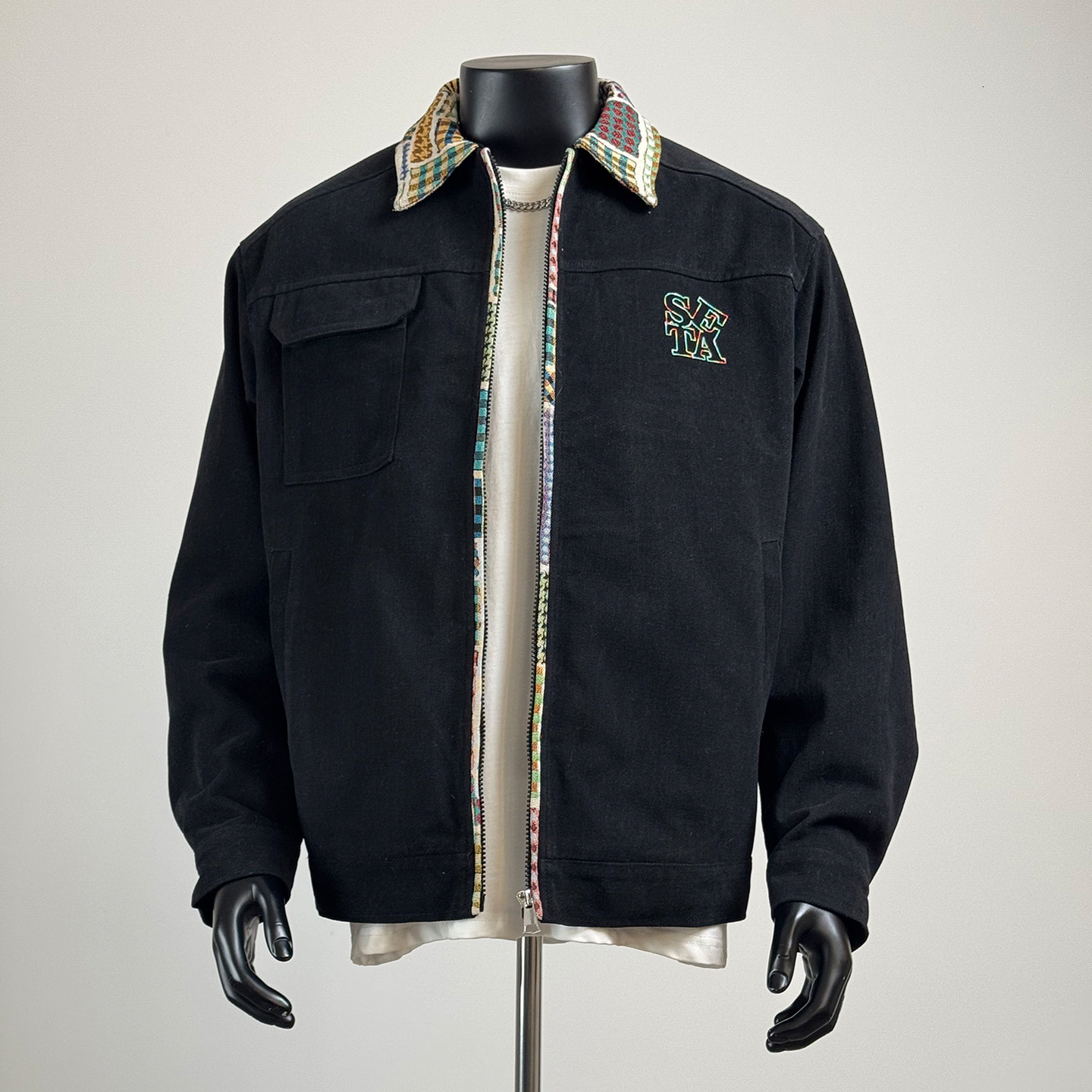 Luxury Designer Ethnic Geometric Plaid Contrast Collar Color Embroidery Cargo Coat, Heavy Wash Denim Loose Drop Shoulder Unisex Vintage Zip Collar J