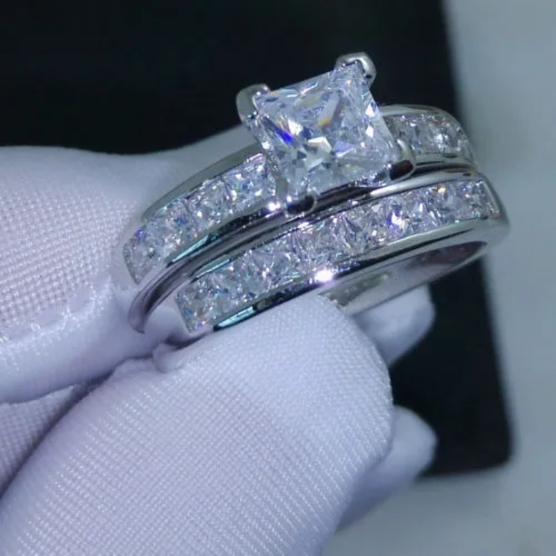 Bijoux de luxe taille 5/6/7/8/9/10, or blanc 10 carats, topaze remplie de diamants simulés, taille princesse, ensemble cadeau avec boîte