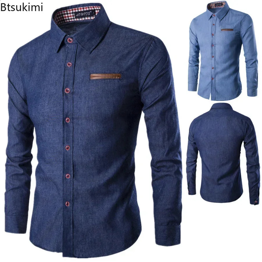2026 Mens Long Sleeve Denim Dress Shirt Slim Fit Button Down Casual Top Shirts Male Formal Blusas Chemise Homme 260701banjia