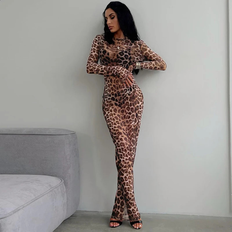 Dress Summer Women Leopard Print Mesh O Neck Long Sleeve Sexy See Through Maxi Fashion Outfits Beach Vacation Nightclub 260629BJ