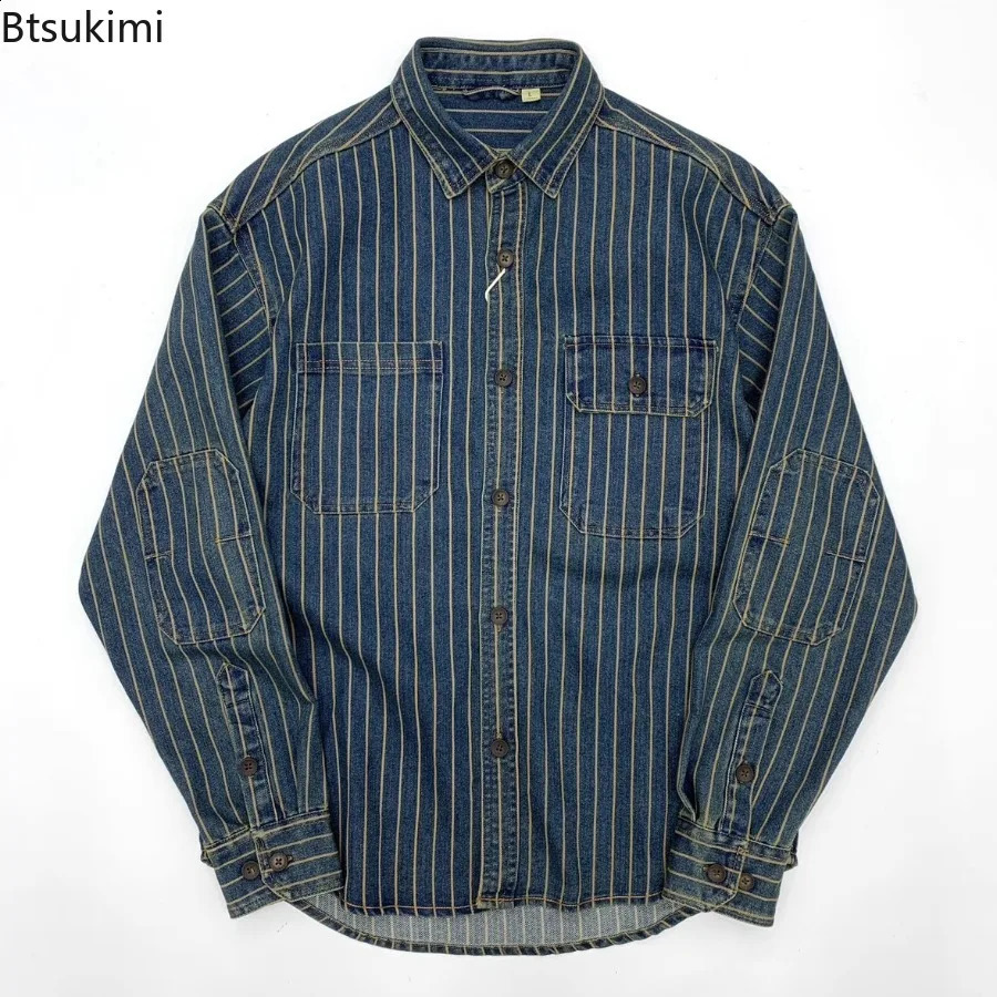 Streetwear Mens Denim Shirts Casual Long Sleeve Buttoned Lapel Striped Blouse Shirt for Men 2026 Spring Cargo Tops 260701banjia