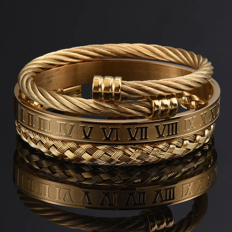 3pcs/Set Roman Numeral Men Bracelet Handmade Stainless Steel Hemp Rope Buckle Open Bangles Pulseira Bileklik Luxury Jewelry-image-1113546518