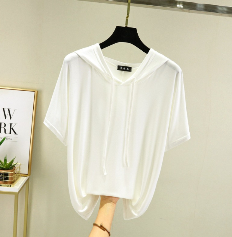 A303 Modal plus-size thin T-shirt for women summer solid color hooded short-sleeved sweatshirt