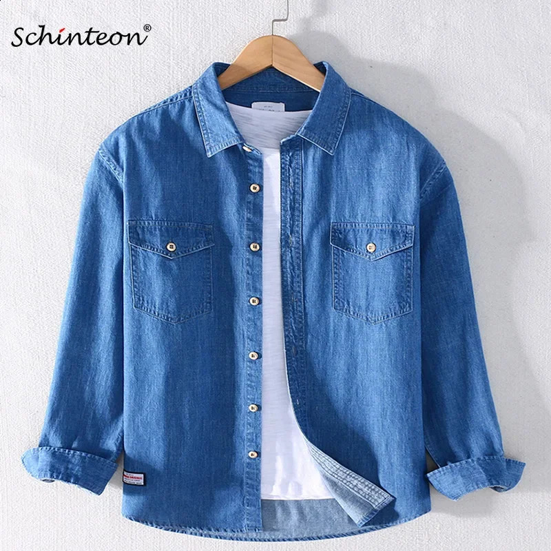 Schinteon 100 Cotton Men Denim Shirt Two Front Pockets Long Sleeved Turndown Collar Casual Autumn Male 260701banjia