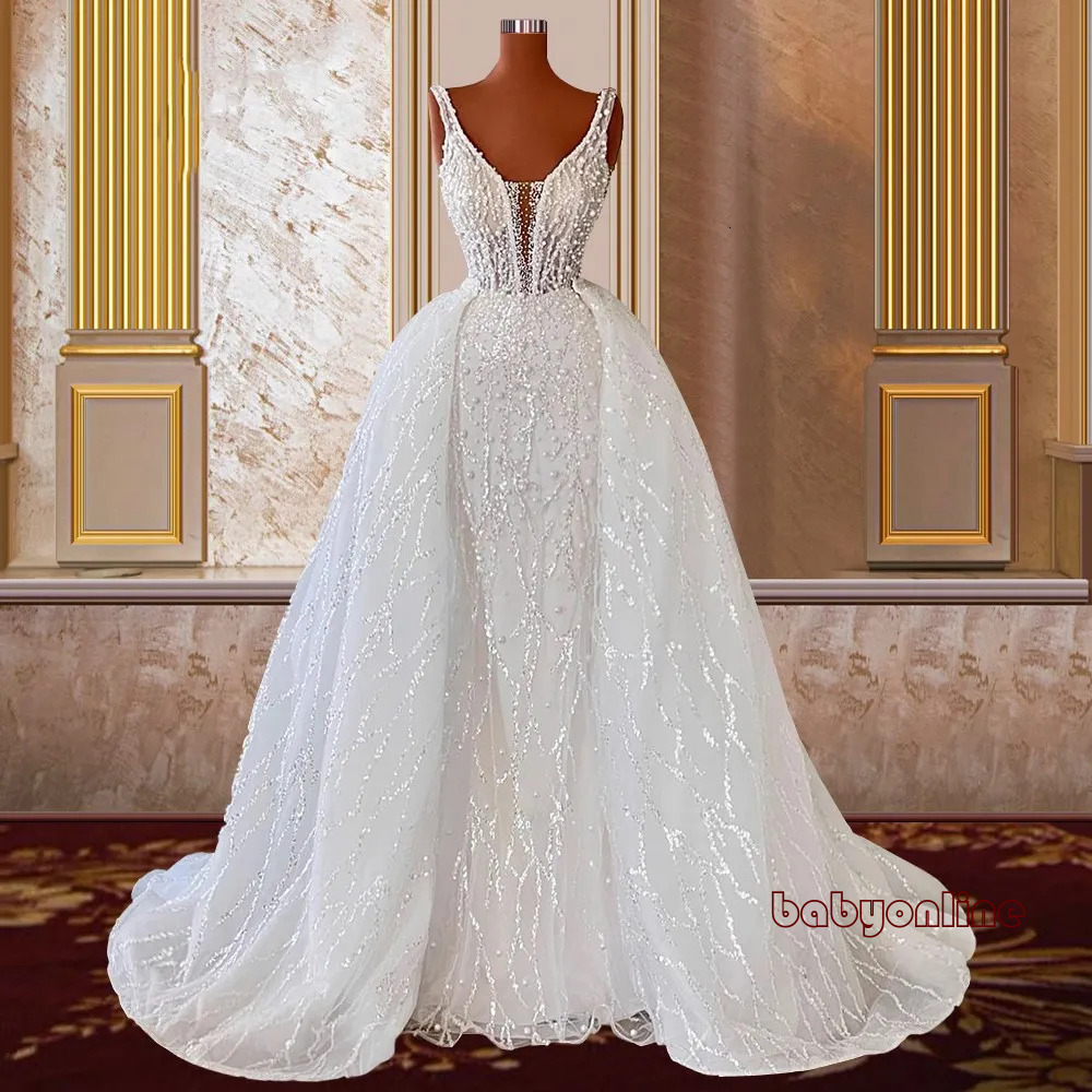 Full Pearls Mermaid Wedding Dress With Detachable Skirt Deep V Neck Lace Beaded Bridal Gowns Women Robes Mariee Vestidos De Noiva