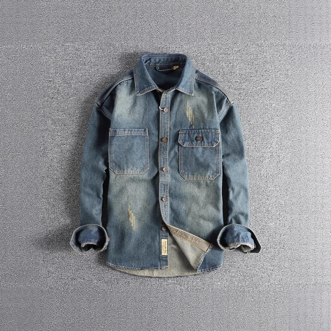 Retro Washed Heavyweight Sleeve Patchwork Mens Loose Fit Jeans Shirt Vintage Style Long Pure Color Casual Fashion 260701banjia
