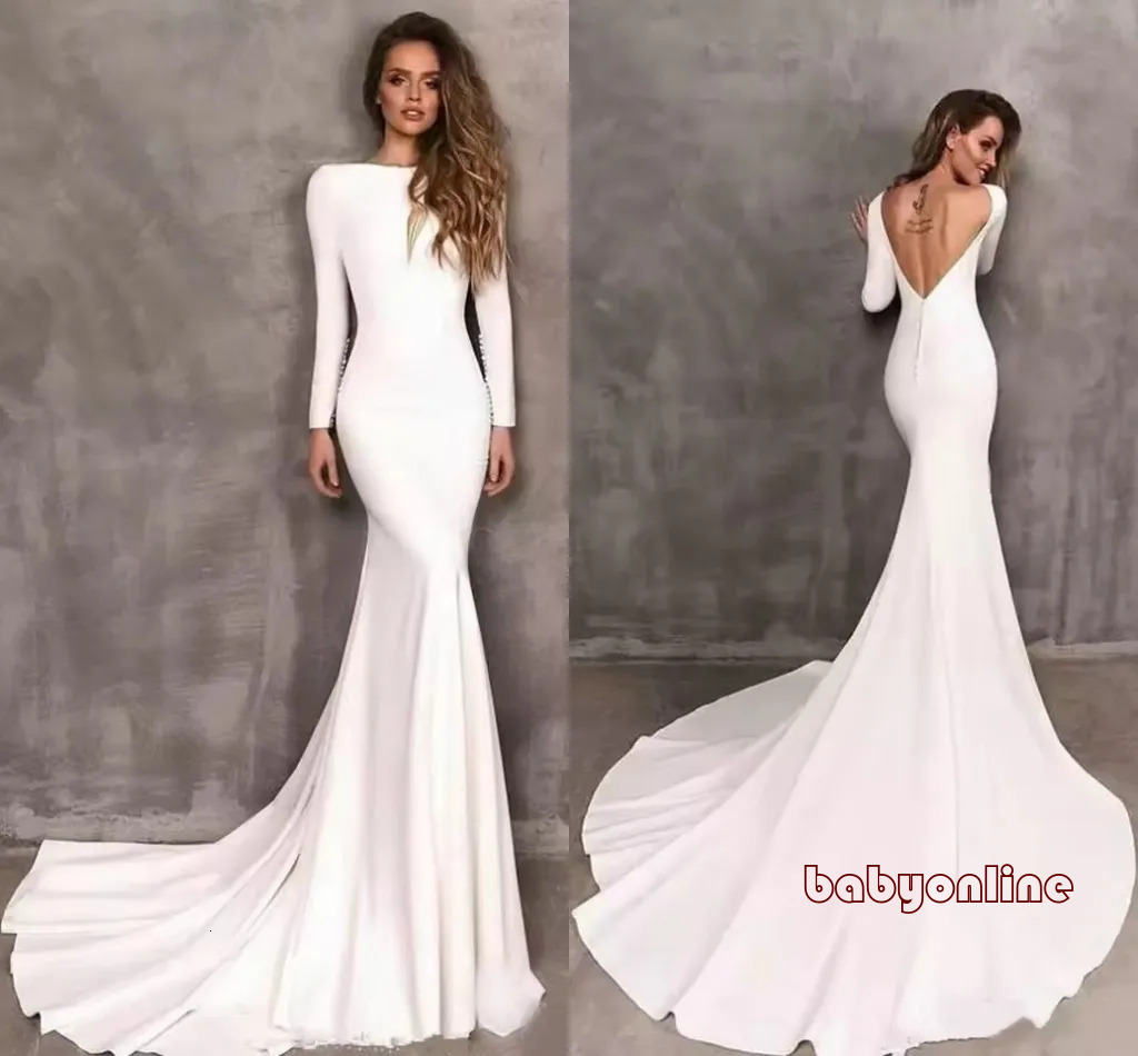 Customized Modern White Satin Mermaid Wedding Dresses With Long Sleeves Simple Elegant Bridal Gowns Sexy Backless Sweep Train Bride Robe De Mariee L