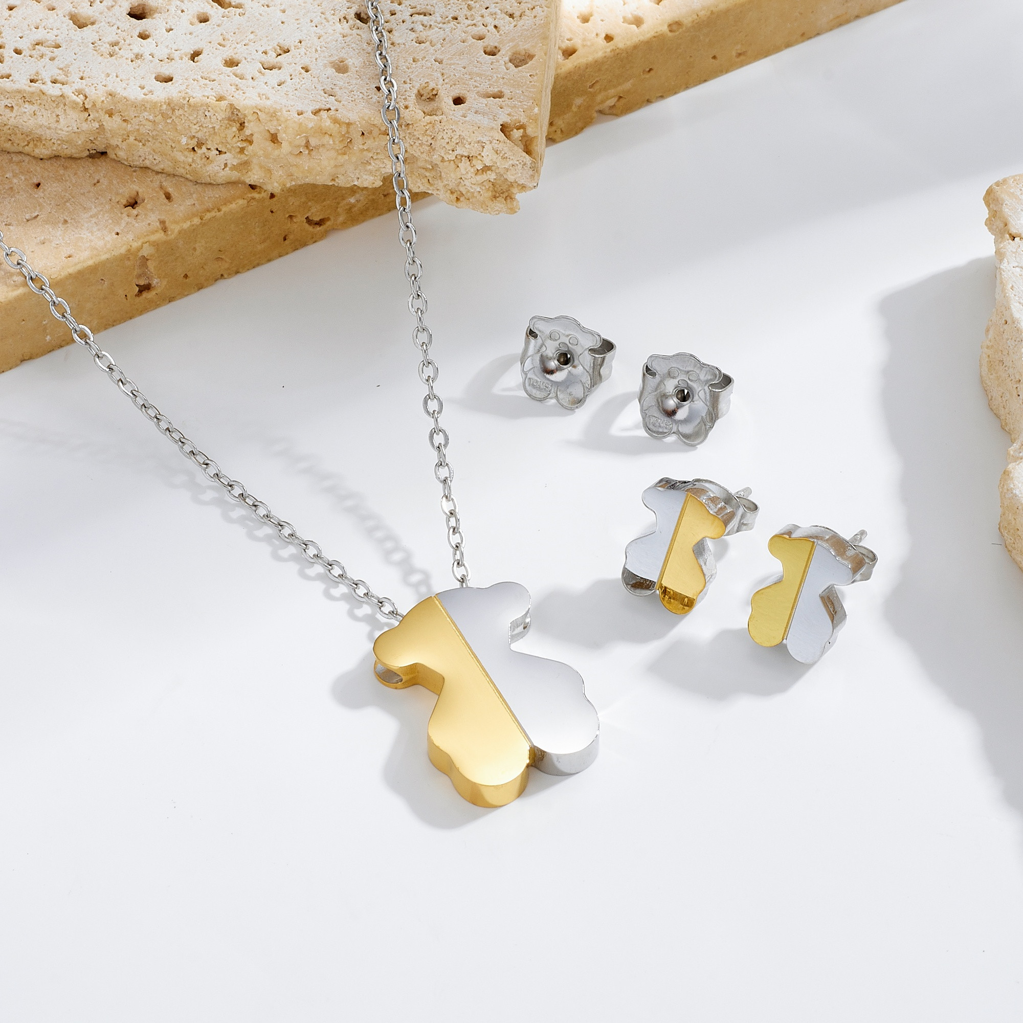 Fashion Women Girls Silver Gold Stainless Steel Span Bear Cartoon Animal Hollow Heart Letter White Red Bead Pendant Earrings Jewelry A Gift-image-1113556235