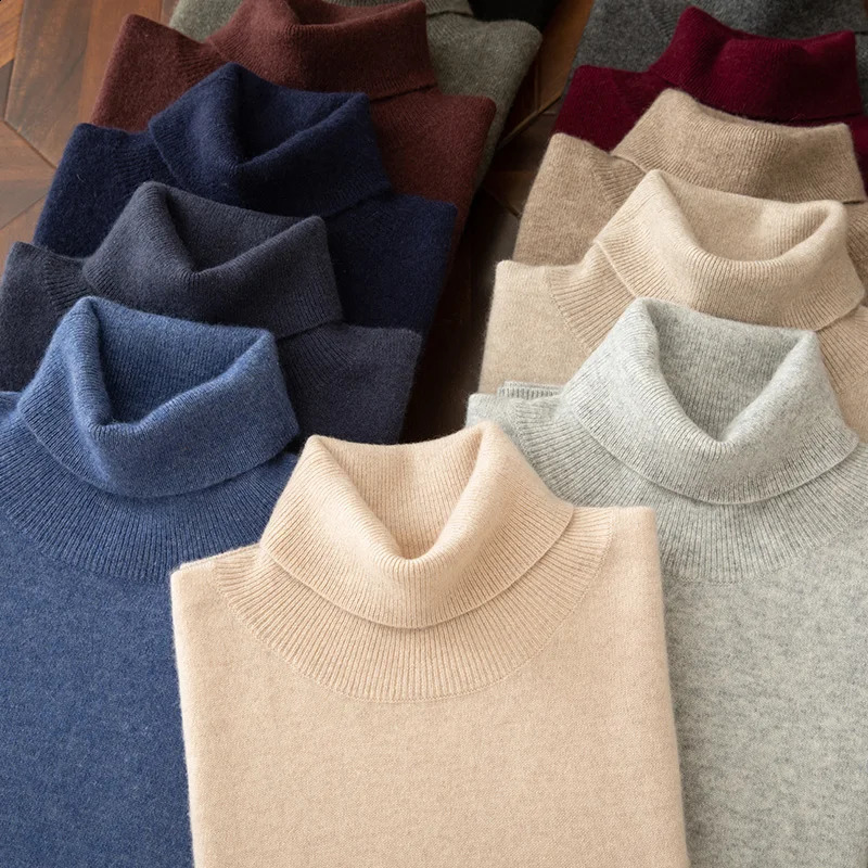 100 cashmere mens pullover business casual solid knitted sweater loose Pull Turtleneck Tops basic Turn down collar Jumper 260630BANJIA
