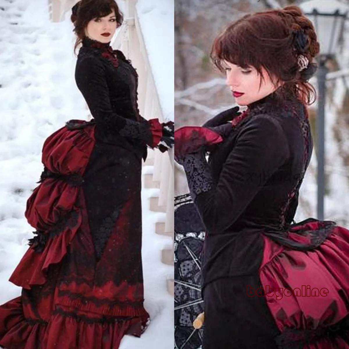 Vintage Gothic Black And Red Victorian Wedding Dress With Long Sleeve Jacket Floral Bustle Ruched Skirt Lace Up Corset Autumn Winter Bride Dresses B