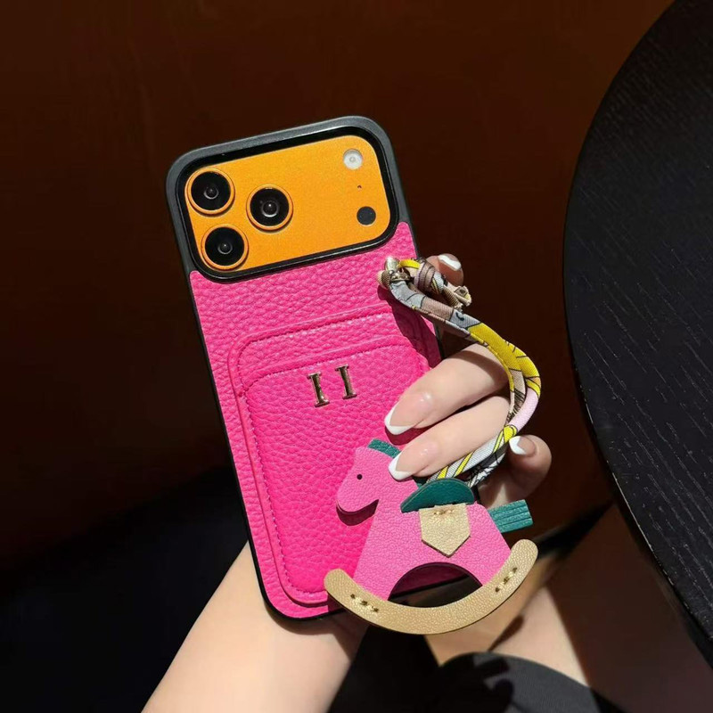 Fashion Designer HHH Litchi Leather Wallet Phone Case With Card Pocket Detachable Horse Ornament Silk Hand Strap Anti-drop Cover For iPhone 17 16-image-1113510800
