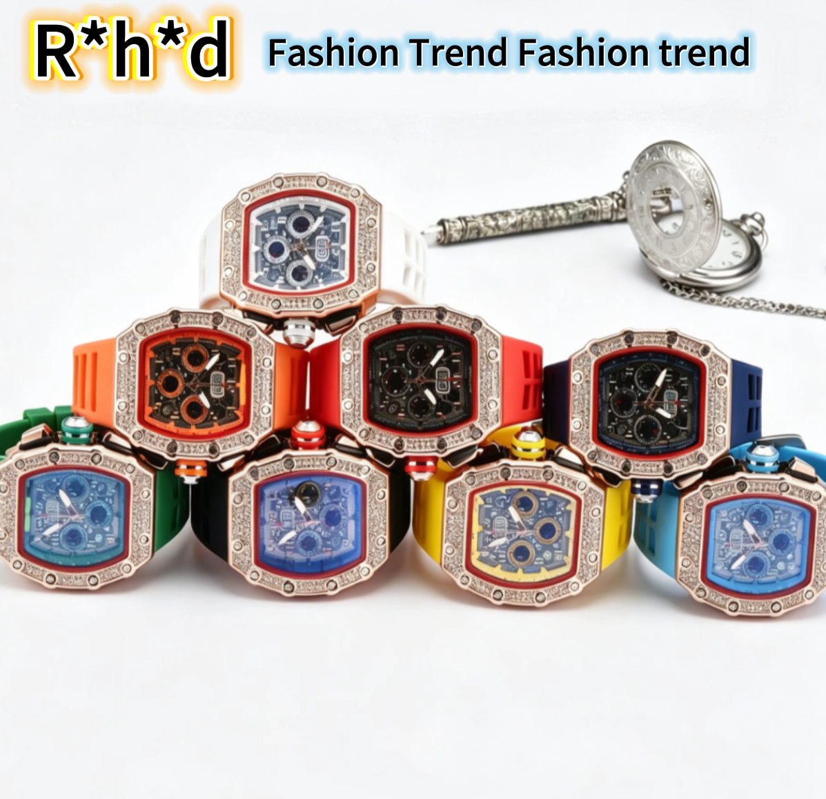 R*h*d : quartz serti de diamants, chronographe à six aiguilles, forme tonneau, motif crâne squeletté, montre calendrier de style professionnel