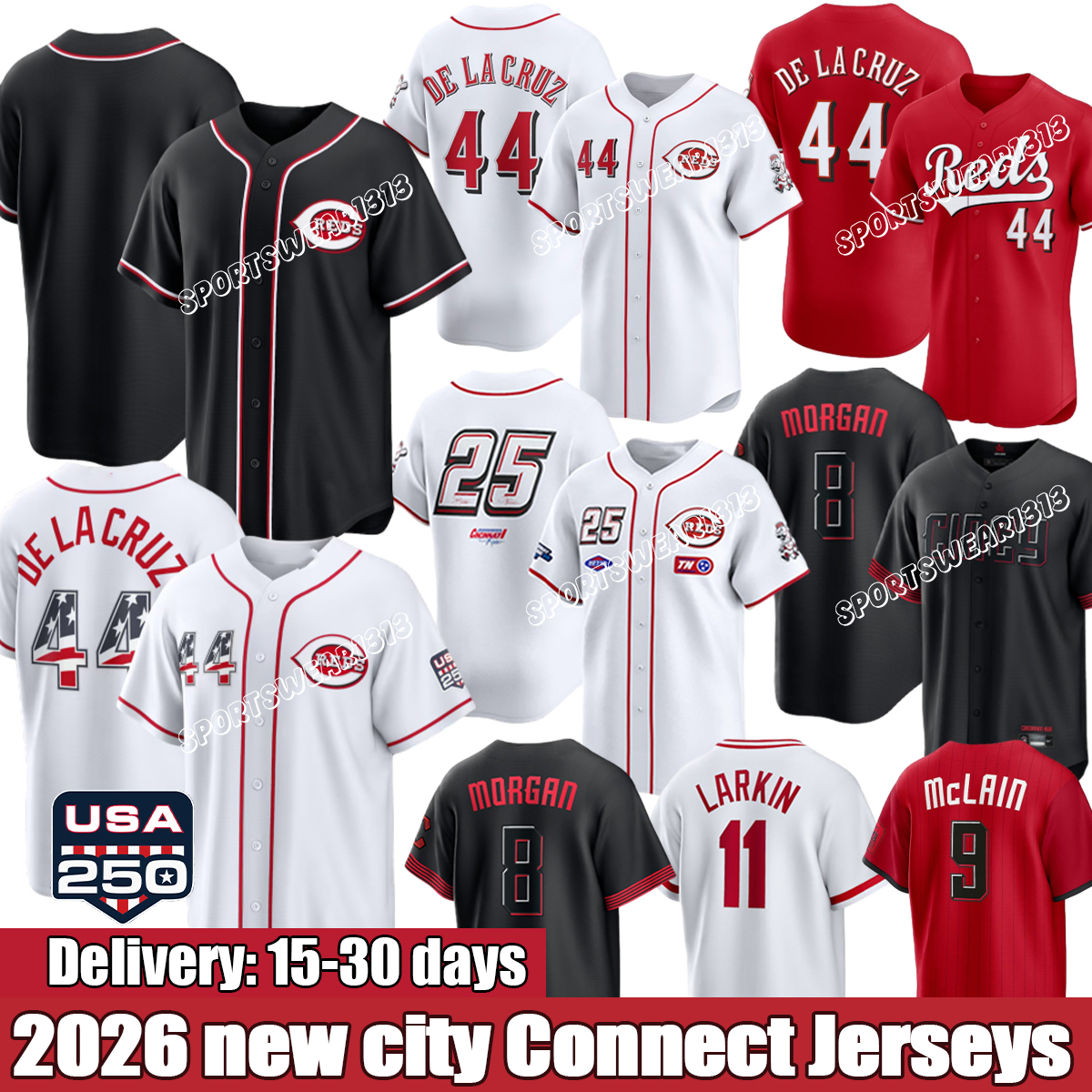 new City Connect Cincinnatis Reds Jersey #44 De La Cruz #29 Friedl #7 Steer #21 Greene Reds Jersey #37 Stephenson #9 McLain #40 Lodolo Jersey-image-950953986