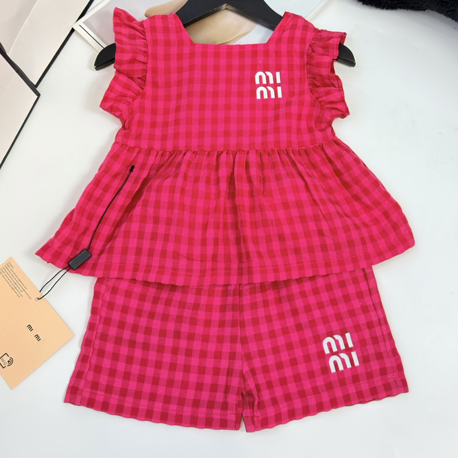 Designer Toddler Clothes Girls Summer Outfit Kids Red Gingham Plaid Fly Sleeve Top Shorts 2 Pcs Set Children Clothing Size 73CM-120CM