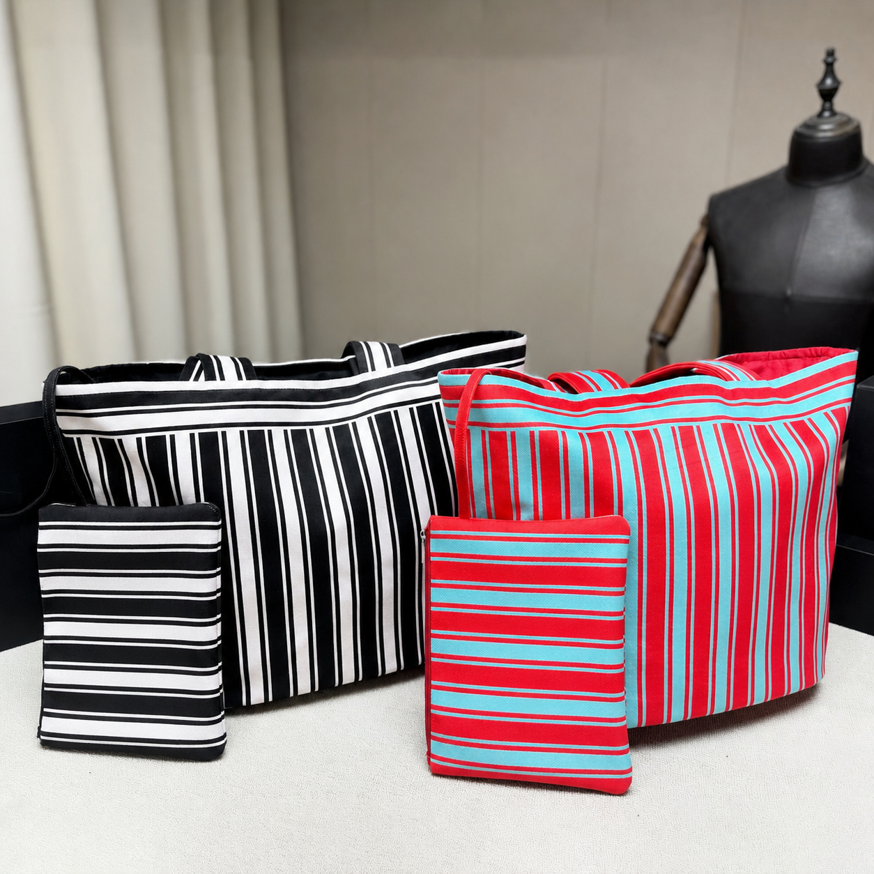 Women Summer Fashion Designer Beach bag Vertical Stripe Canvas Tote bag Large Shoulder Shopper bag Cotton Fabric Handbag Lightweight Beach Travel Sh
