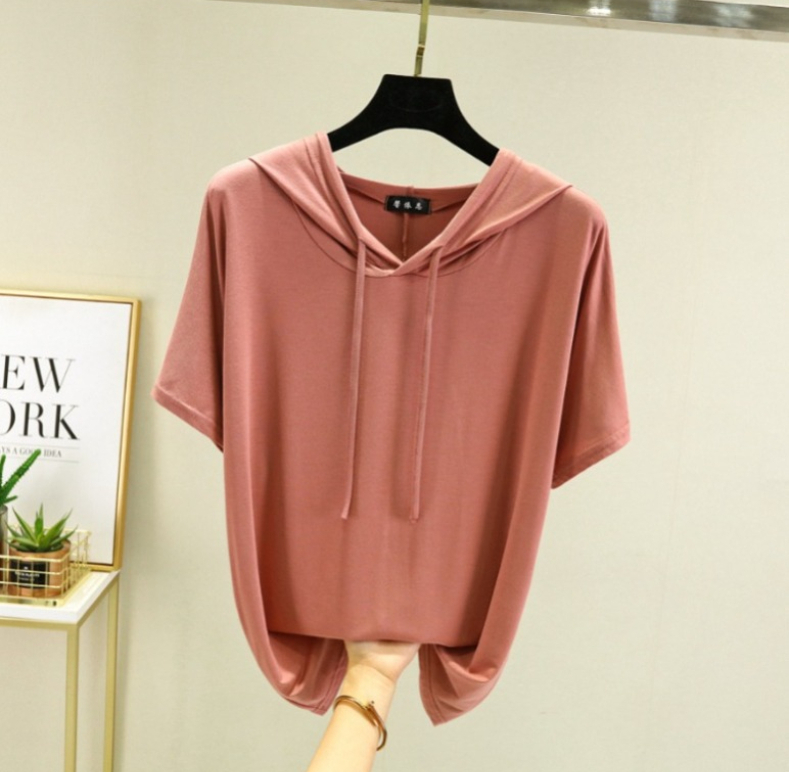 A302 Modal plus-size thin T-shirt for women summer solid color hooded short-sleeved sweatshirt-image-1113580125