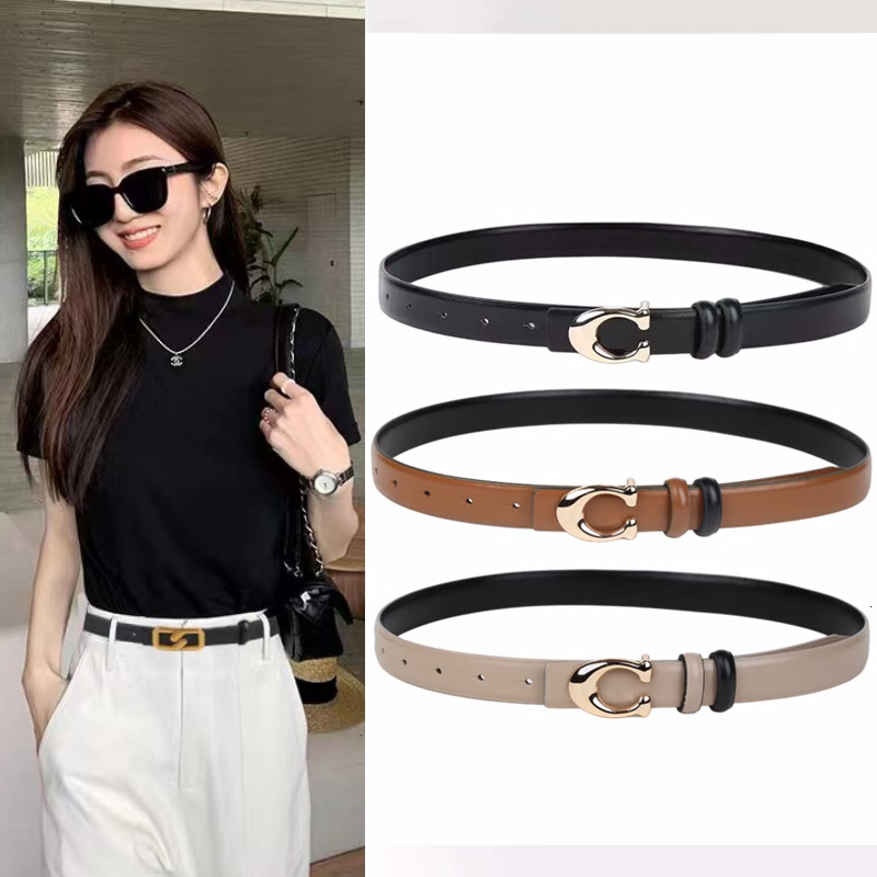 Women's Genuine Leather Double-Sided Fashion Belt, Narrow Waist Belt with Smooth Golden Copper Animal-Pattern Buckle - Reversible Black, Brown, or B