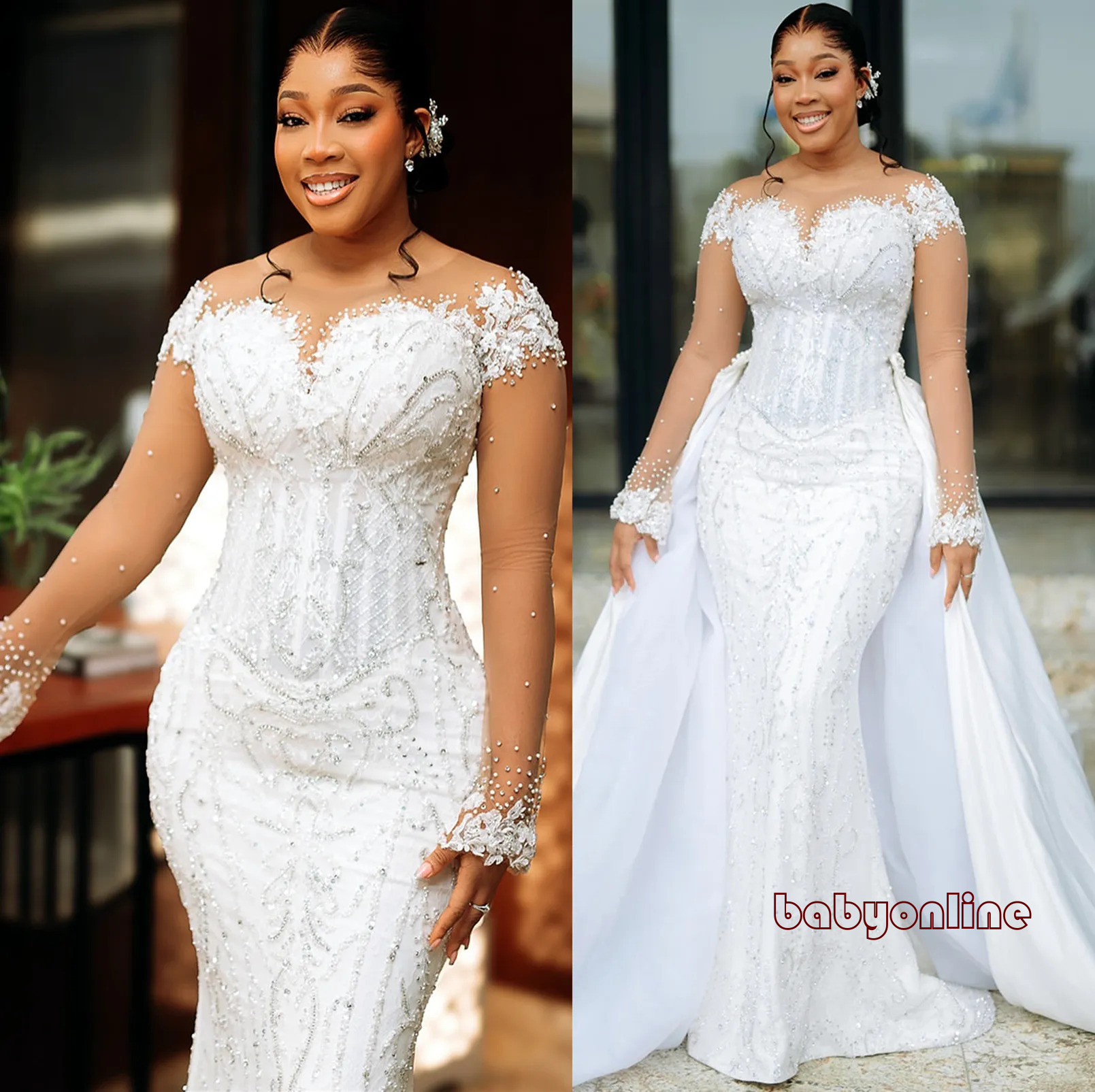 Aso Arabic Ebi Plus Size Off White Mermaid Wedding Dresses Laceful Beaded Detachable Train Full Sleeves Vintage Elegant Bridal Gowns Dress