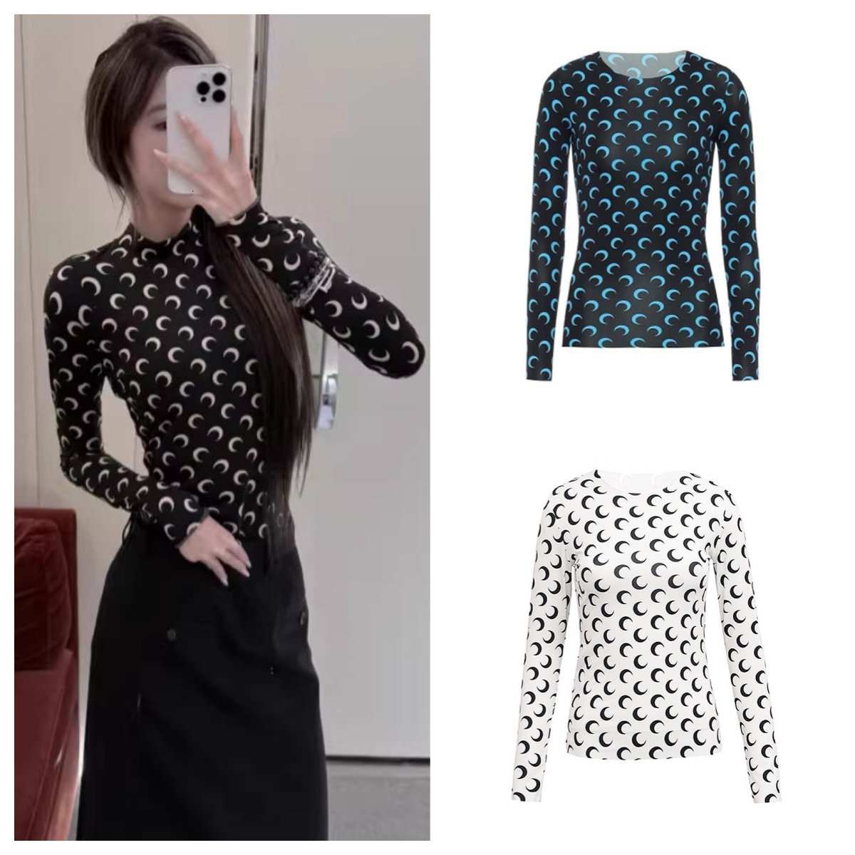 Womens Designer Moon Pattern T-shirt American Retro Layered Outfit Long Sleeve Tees Versatile Fashion Sexy Moon Print Patchwork T-shirt