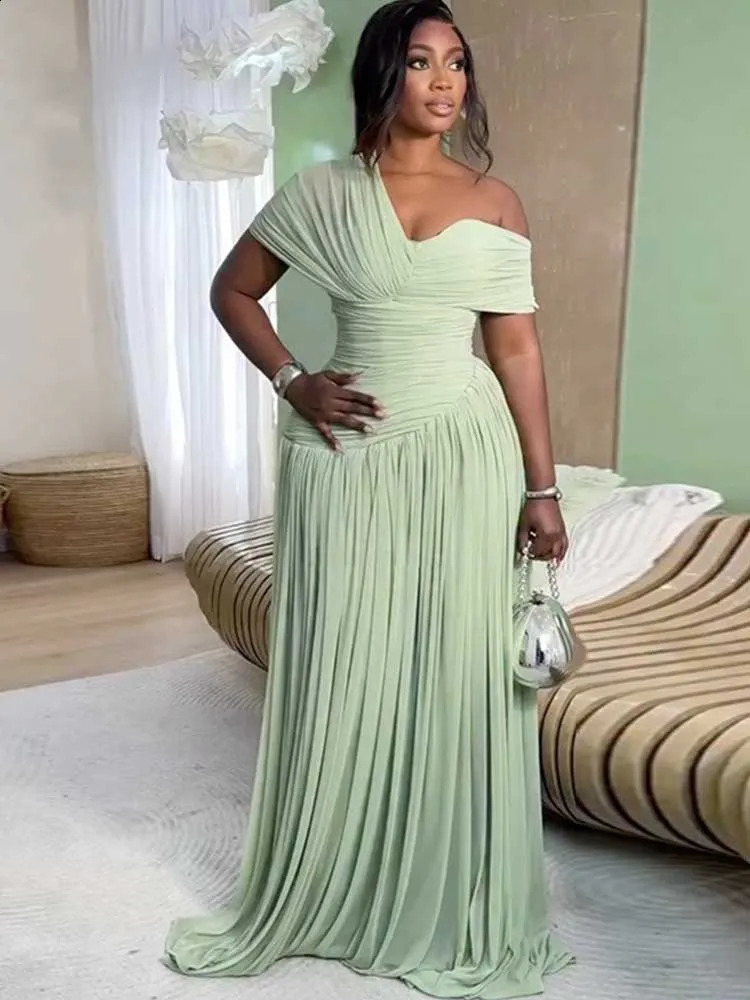 Curvy Women Pleated Dresses Waist Slimming Assymetric V Neck Off Shoulder Dress Sexy Elegant Green Long Maxi Dress for Summer 260701