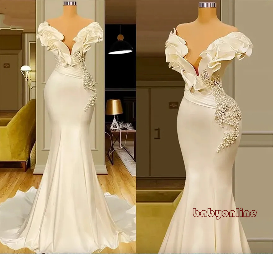 Dubai Saudi Arabia Pearls Mermaid Wedding Dresses Sexy Off The Shoulder Elegant Ivory Satin Ruffles Bridal Gowns Vintage Boho Country Bride Receptio