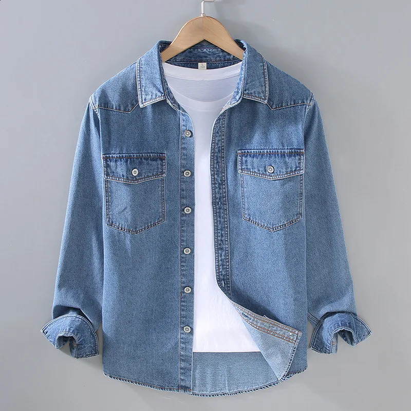 Spring Man Shirts Thin Denim Pockets Loose Solid Color TurnDown Collar Single Breasted Full Sleeve Casual Clothes 260701banjia