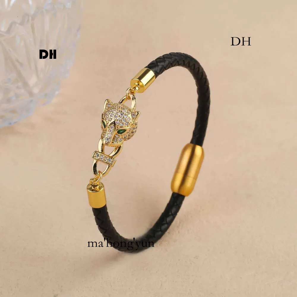 Bracelet Bijoux Texturé 1 Tête de Léopard en Acier Inoxydable Corde en Cuir Tressé avec Zircone Cubique Style Animal Manchette Unisexe pour Un Us
