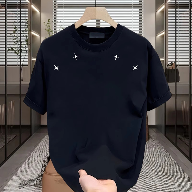 T-shirt uni brodé de luxe avec mini étoile à quatre branches, American High Street, coton respirant, ample, unisexe, noir, t-shirts de base multi