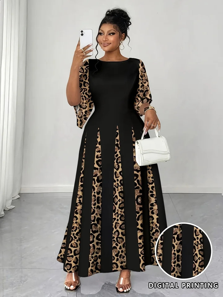 Elegant Leopard Print Maxi Dress Plus Size Fashionable Long Sleeve Gown Comfortable Stylish Womens Clothing 260629BJ