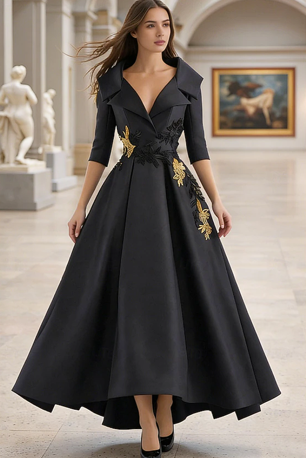 Black Notched Lapel V Neck Three Quarter Sleeve Satin Evening Gown Gold Floral Embroidery High Low A Line Formal Dress For Gala Dinner Prom Dance Pa