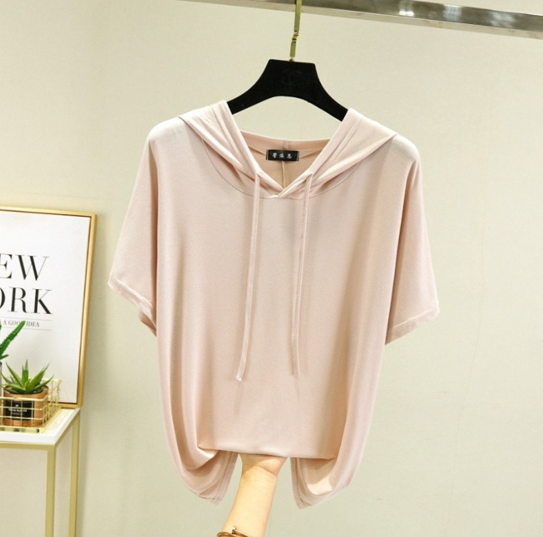 A304 T-shirt fin Modal grande taille pour femmes, sweat-shirt d'été à capuche et manches courtes de couleur unie