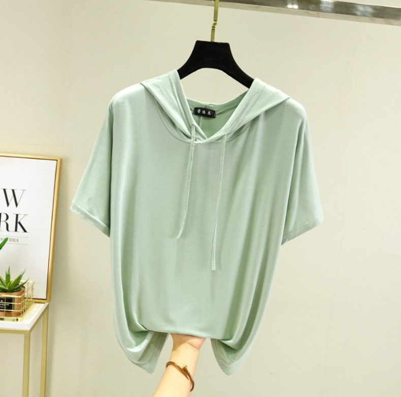 A305 Modal plus-size thin T-shirt for women summer solid color hooded short-sleeved sweatshirt-image-1113582902