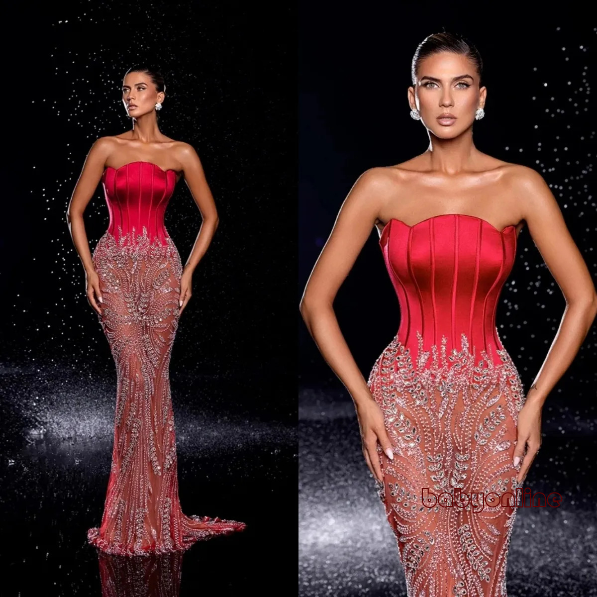 Exquisite Strapless Evening Dresses Sequins Rhinestone Prom Gowns Illusion Sleeveless Sweep Train Customized Vestidos De Noche Plus Size