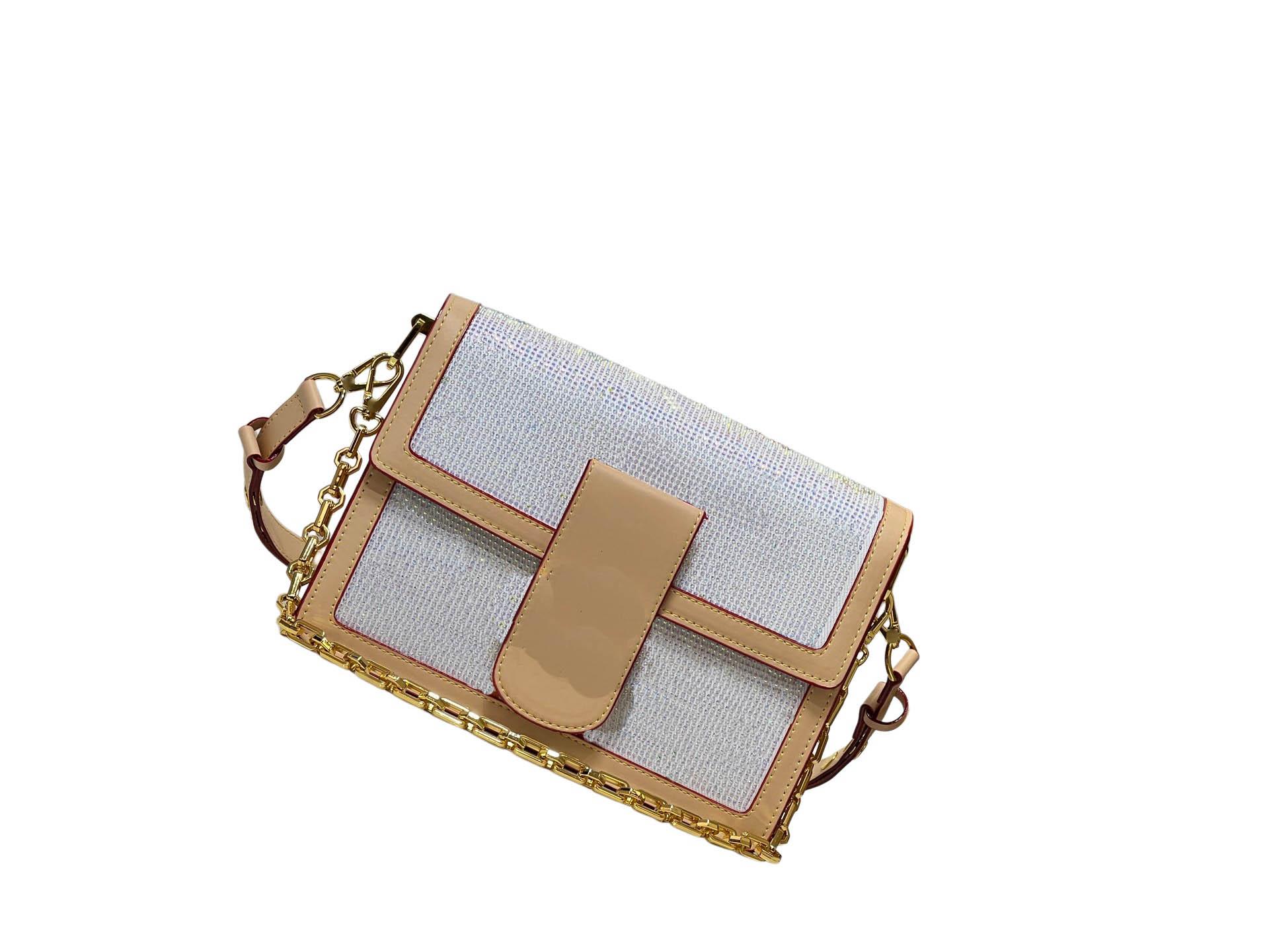 Elegant designer diamond-studded women's messenger bag, compact size, made of soft cotton material with multiple pockets.