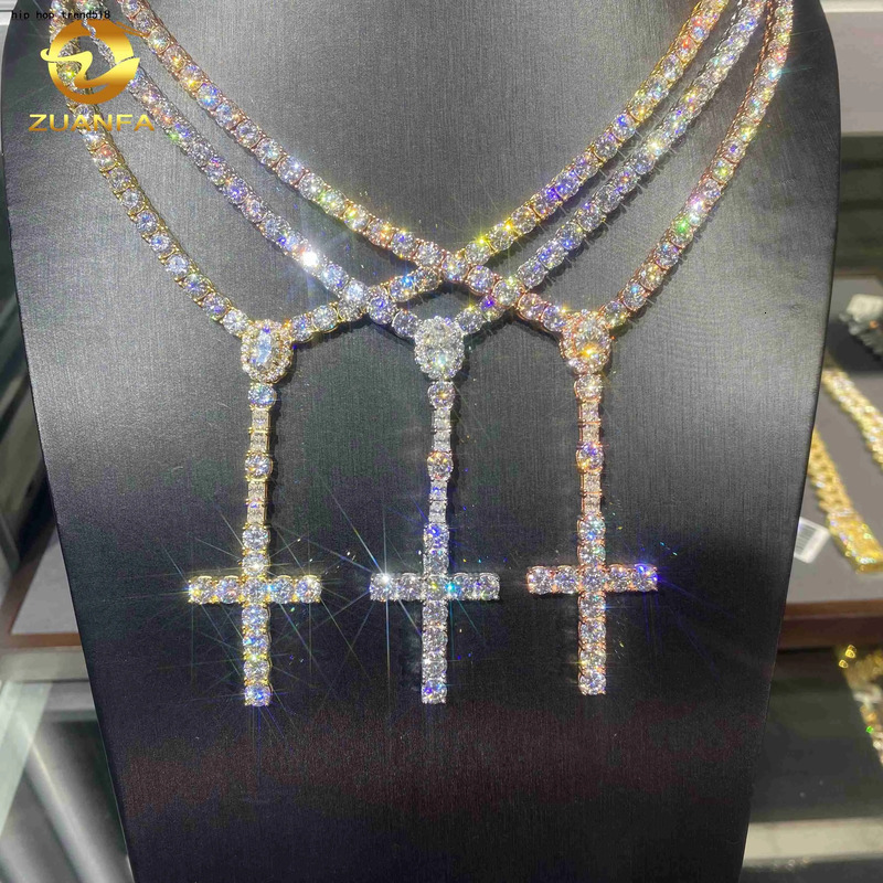 5mm VVS D Moissanite Fine Hip Hop Jewelry 925 Silver Iced Out Oval Cut Diamond Cross Pendant Tennis Chain Necklace-image-1113691396