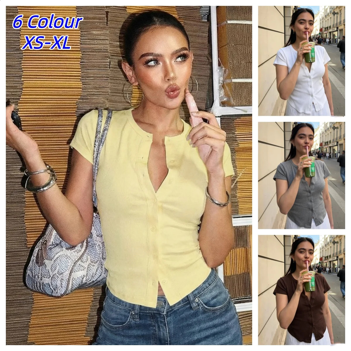 Y2K Vintage Fashion TShirt Womens Casual Solid SlimFit Crew Neck Cardigan Summer Office Lady Vacation Female Tops 260701