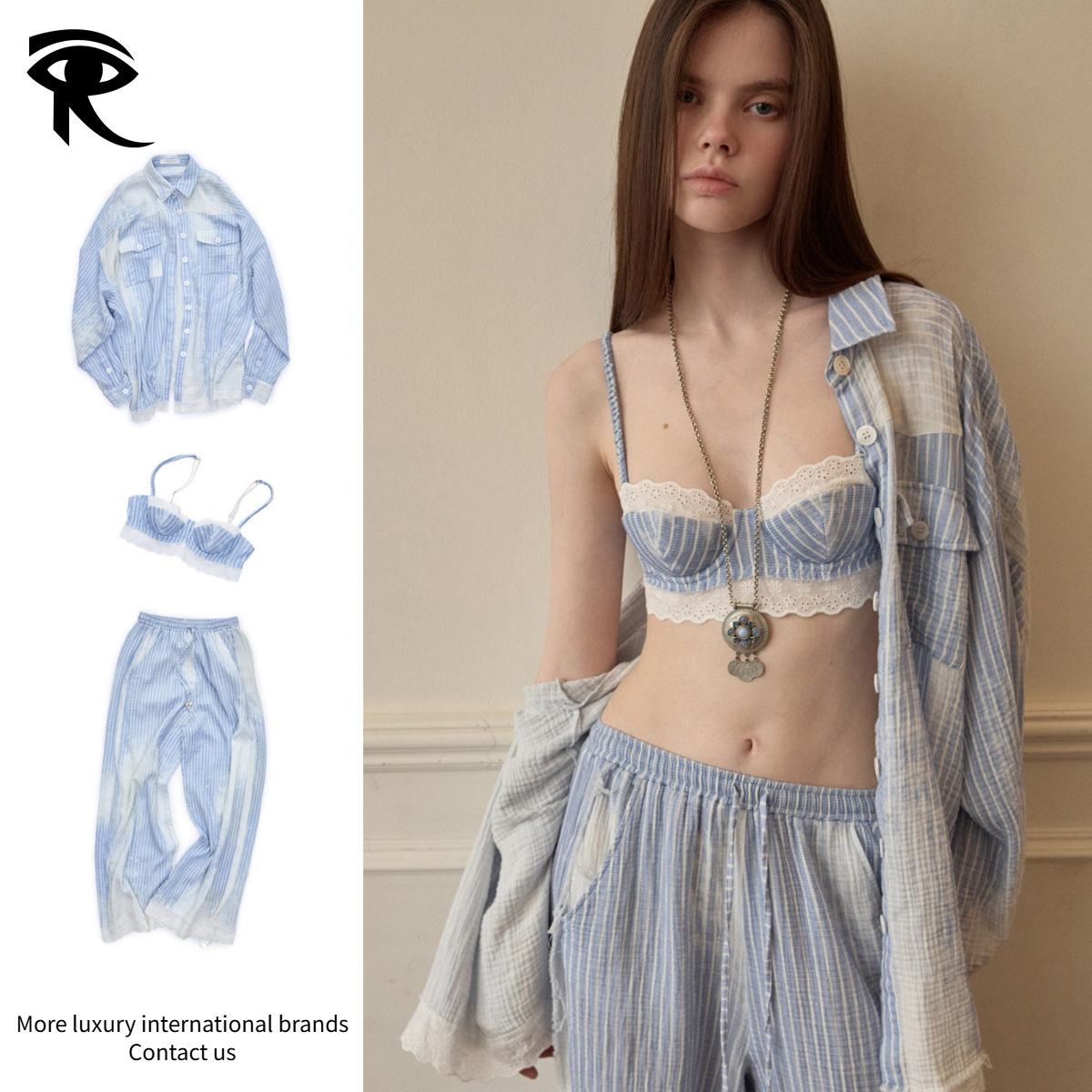 Vintage French Lace Washed Blue Striped Cotton Yarn Shirt Women Loose Straight Pants Soft Underwire Bralette 3 Piece Outfit Designer Factory Direct