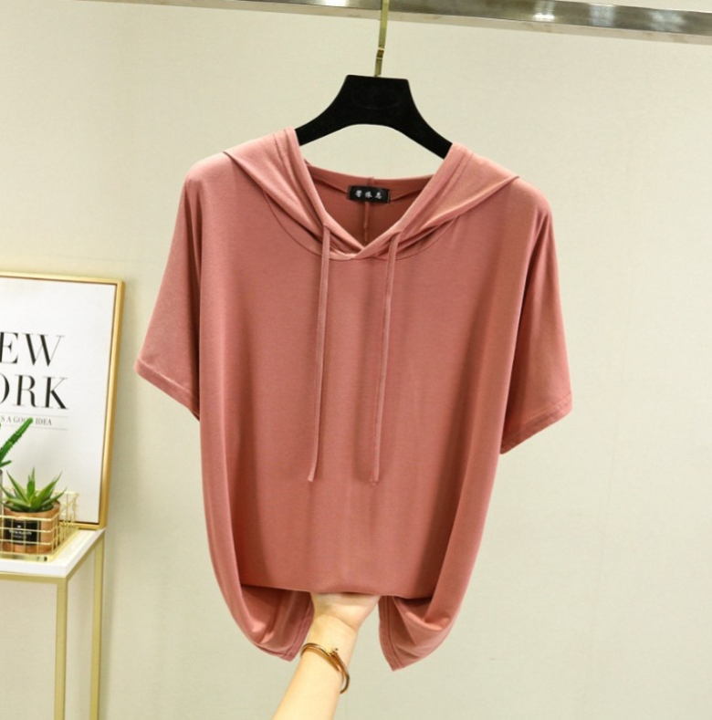 A307 T-shirt fin Modal grande taille pour femmes, sweat-shirt d'été à capuche et manches courtes de couleur unie