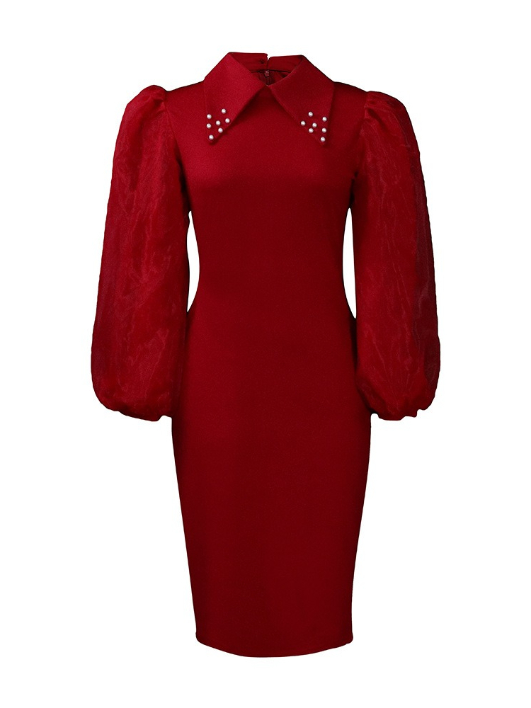 (137) Women's Spring and Autumn Long Sleeve Large Size Hip-wrapped Beaded Mesh Splicing Commuter Pencil Skirt Dress-image-1113678870