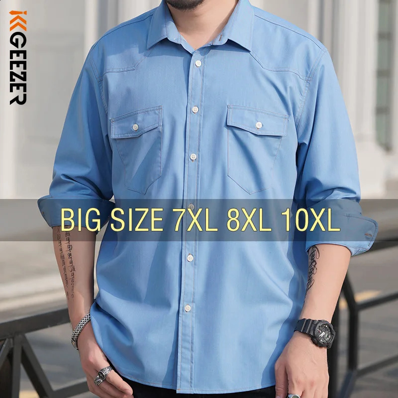 Mens Oversize Denim Shirt 6XL 7XL 8XL 10XL plus Size Casual Cowboy Blue with Pockets Loose Fit Long Sleeve Cotton High Quality 260701banjia
