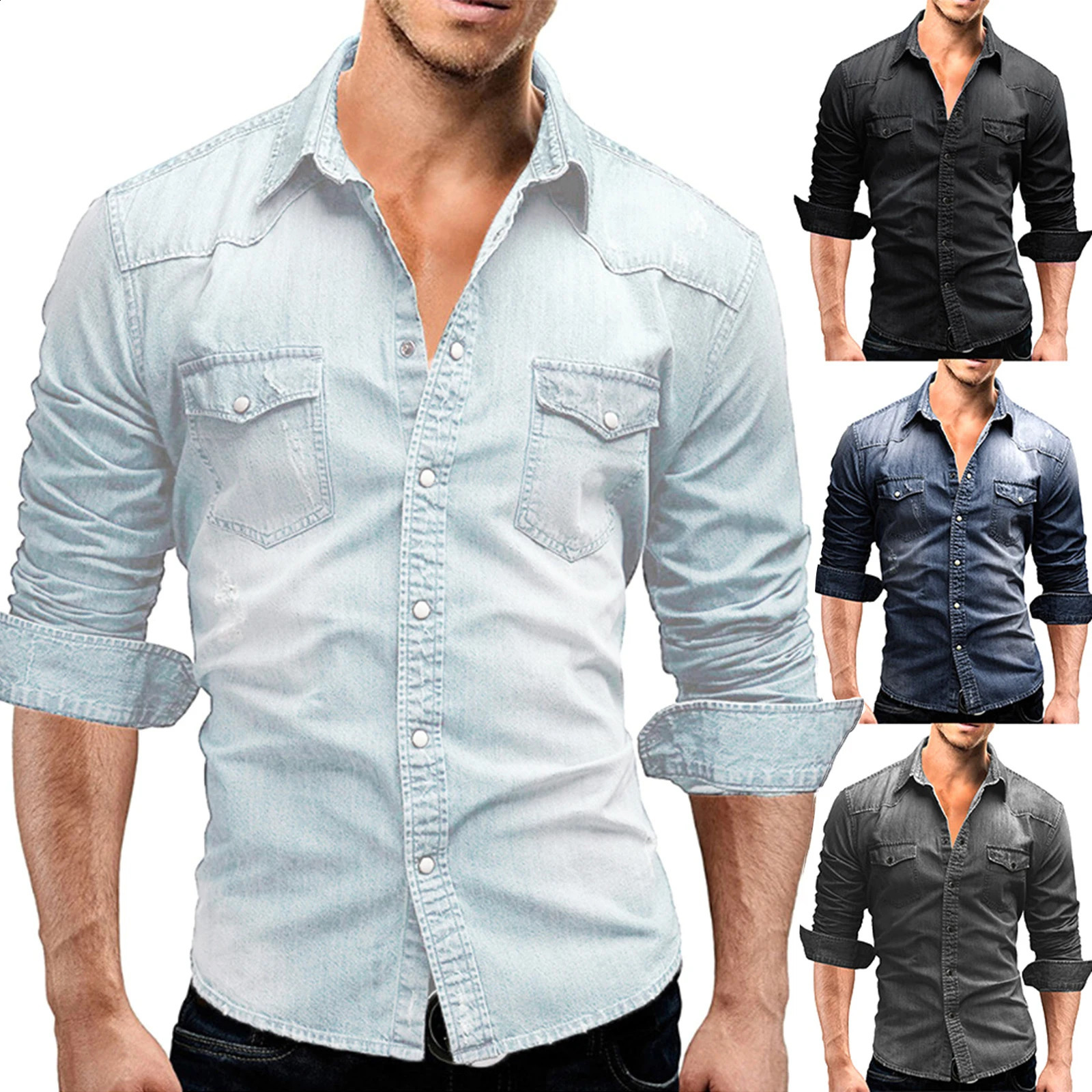 2024 Mens Spring Autumn Casual Shirts Solid Color Long Sleeve Lapel Denim Tops Button for Party 260701banjia