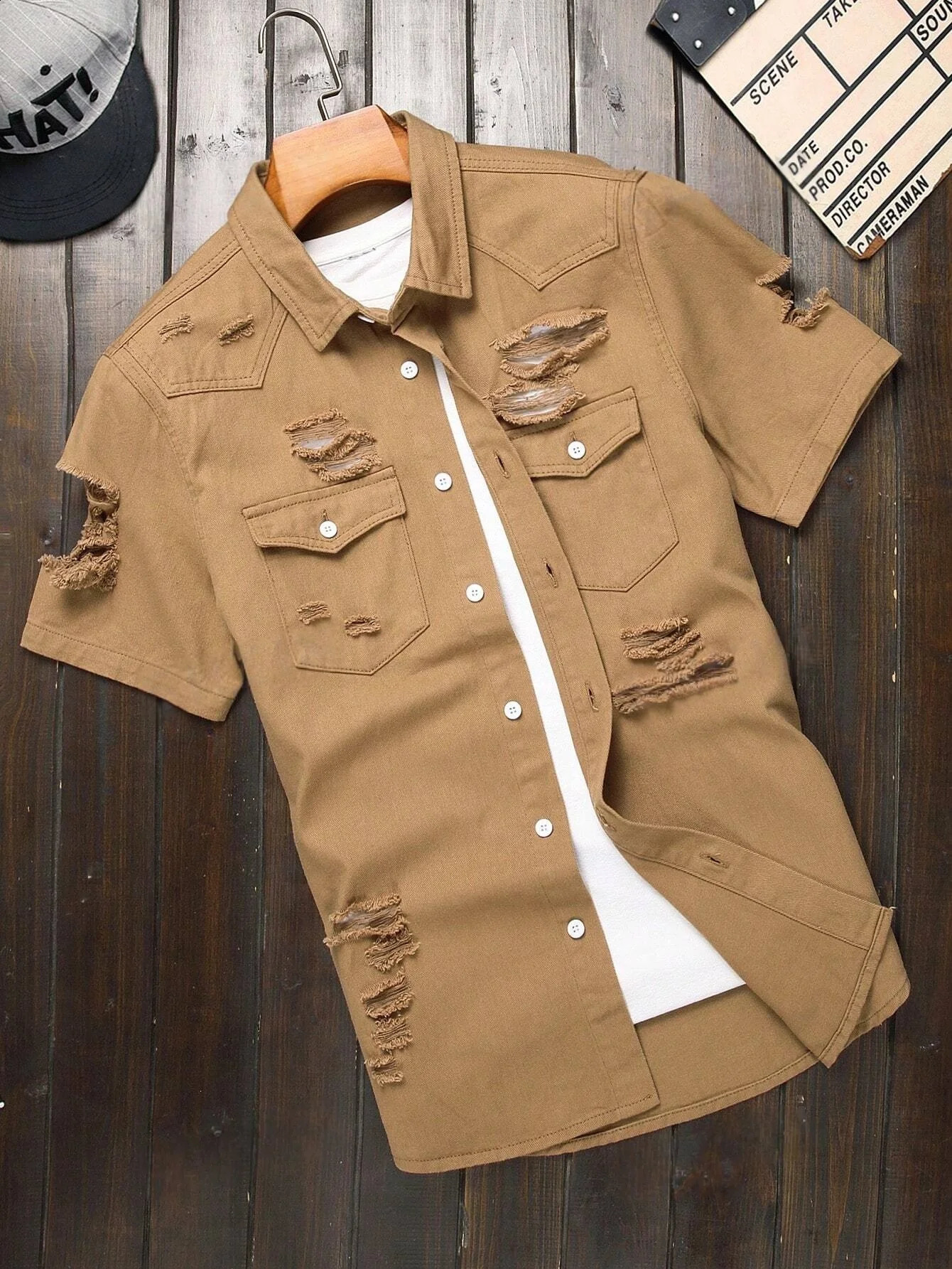 Mens Brown Distressed Ripped ShortSleeve Denim Shirt Summer Casual Lapel ButtonUp Workwear Blouse with Chest Pocket 260701