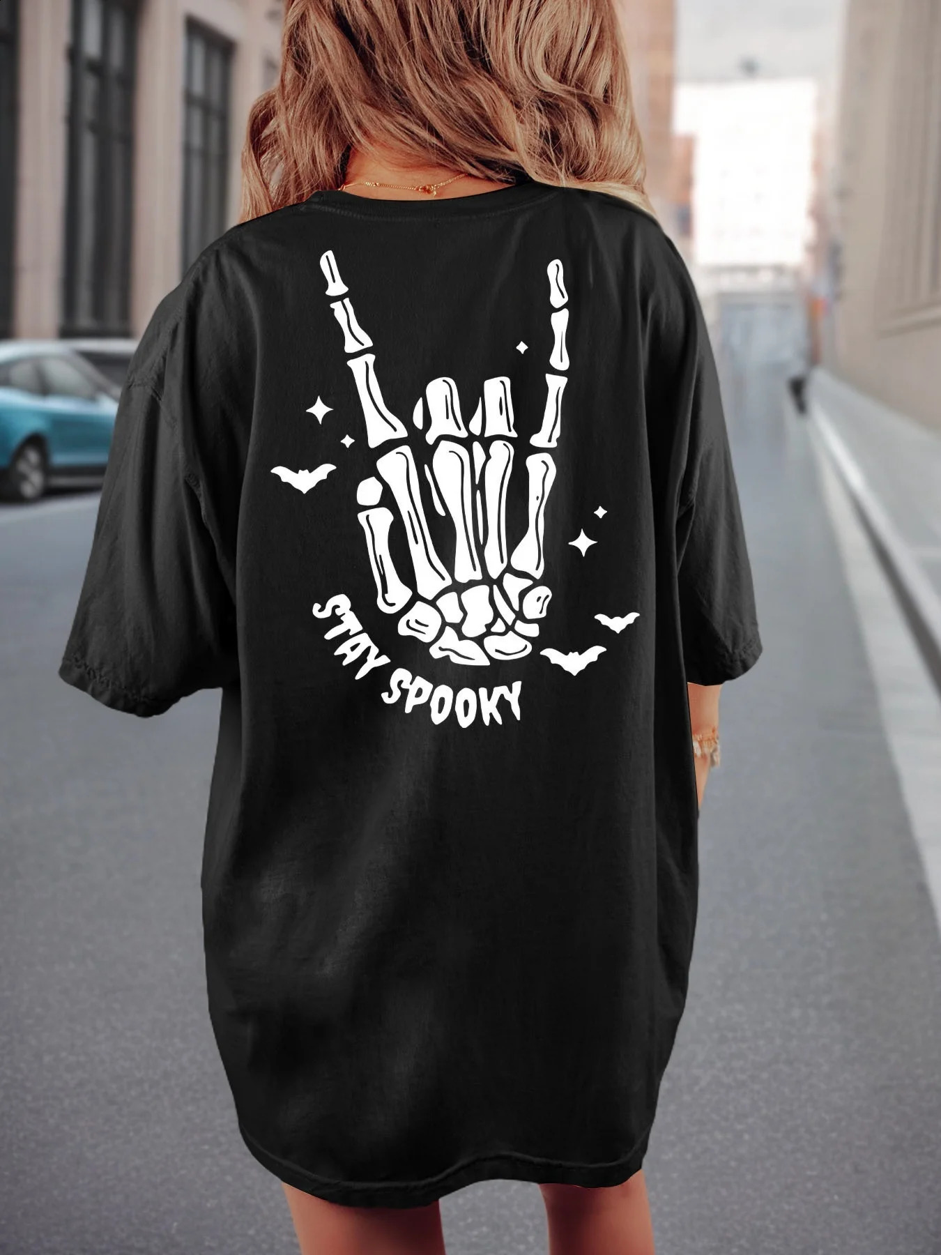 1pc Halloween Stay Spooky Skeleton Hand Printed Loose Casual Short Sleeve TShirt for Plus size Womens Round Neck Breath Tee 260701