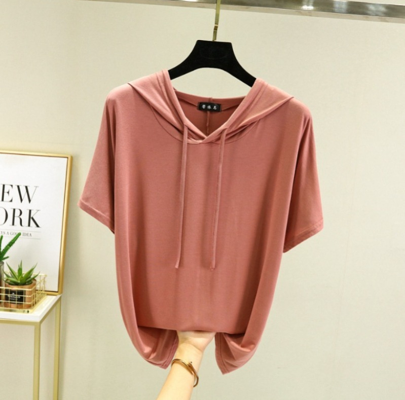 A308 Modal plus-size thin T-shirt for women summer solid color hooded short-sleeved sweatshirt-image-1113683137