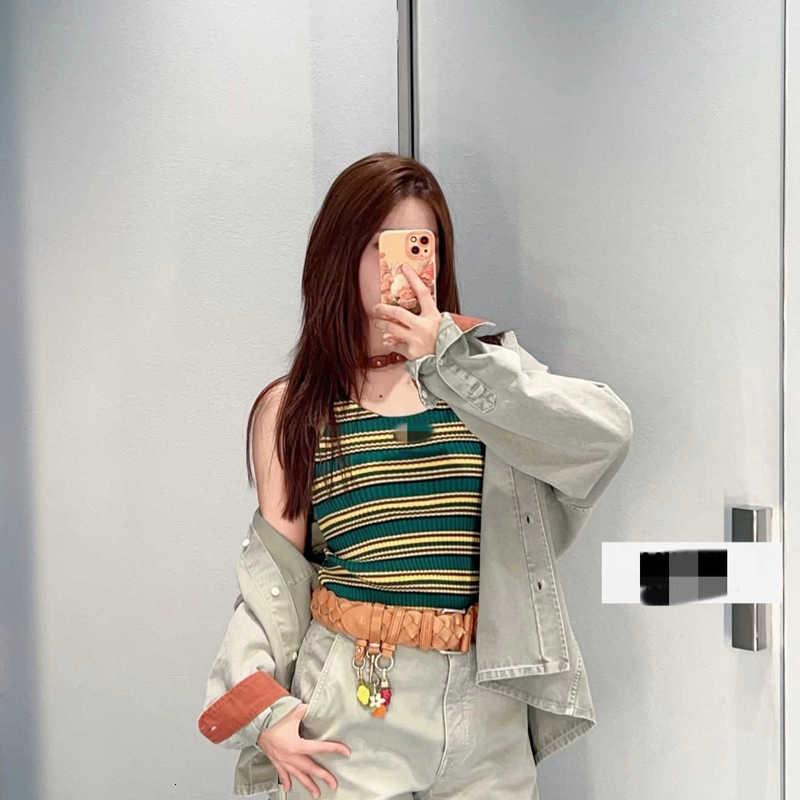 Women's Knits & Tees Designer high-end fashion women's clothing 2026 Spring/Summer yellow-green striped knitted vest with a college style