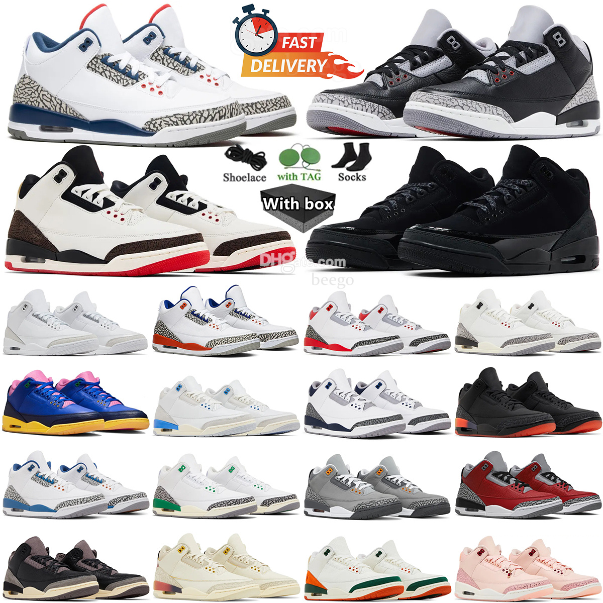 Designer 3 Basketball Shoes Men Women True Blue 3s Knicks Lucky Green Pine Black White Cement Blue Fire Red Court Purple Pure Money Brazil Traine-image-921564287